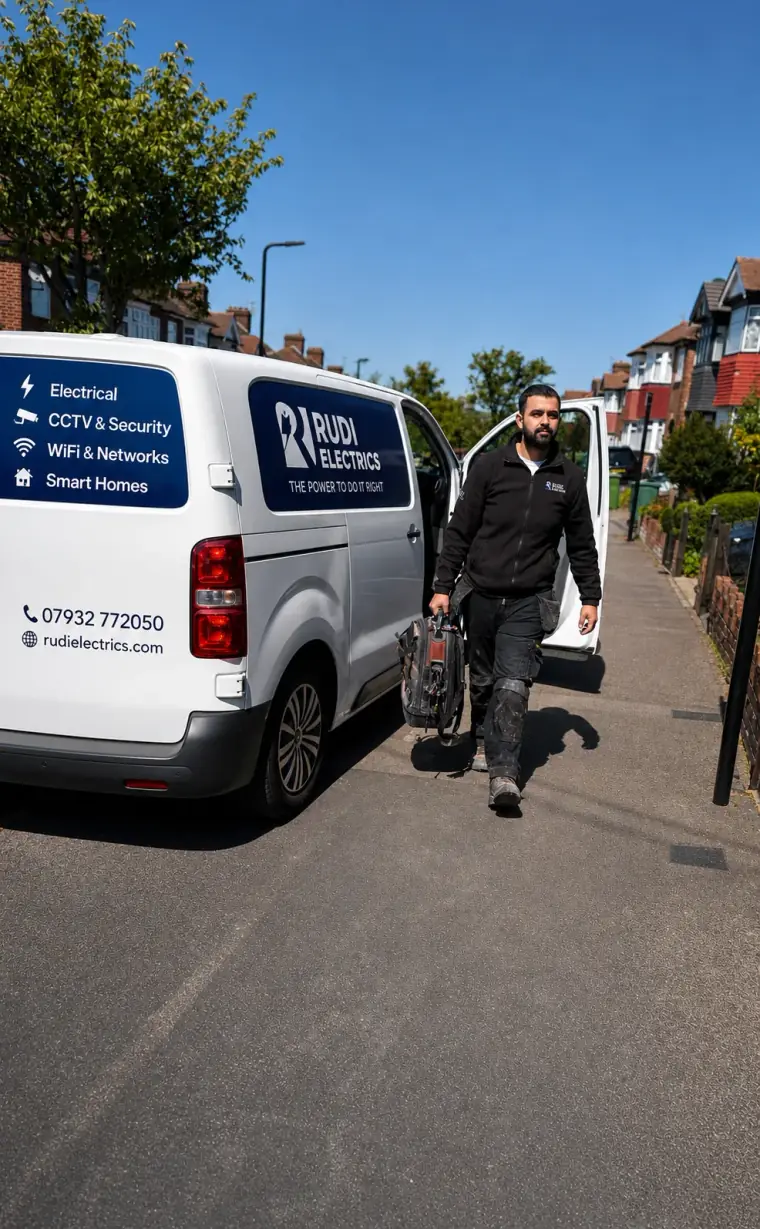 Rudi Electrics &mdash; NICEIC-registered electrician van in North London