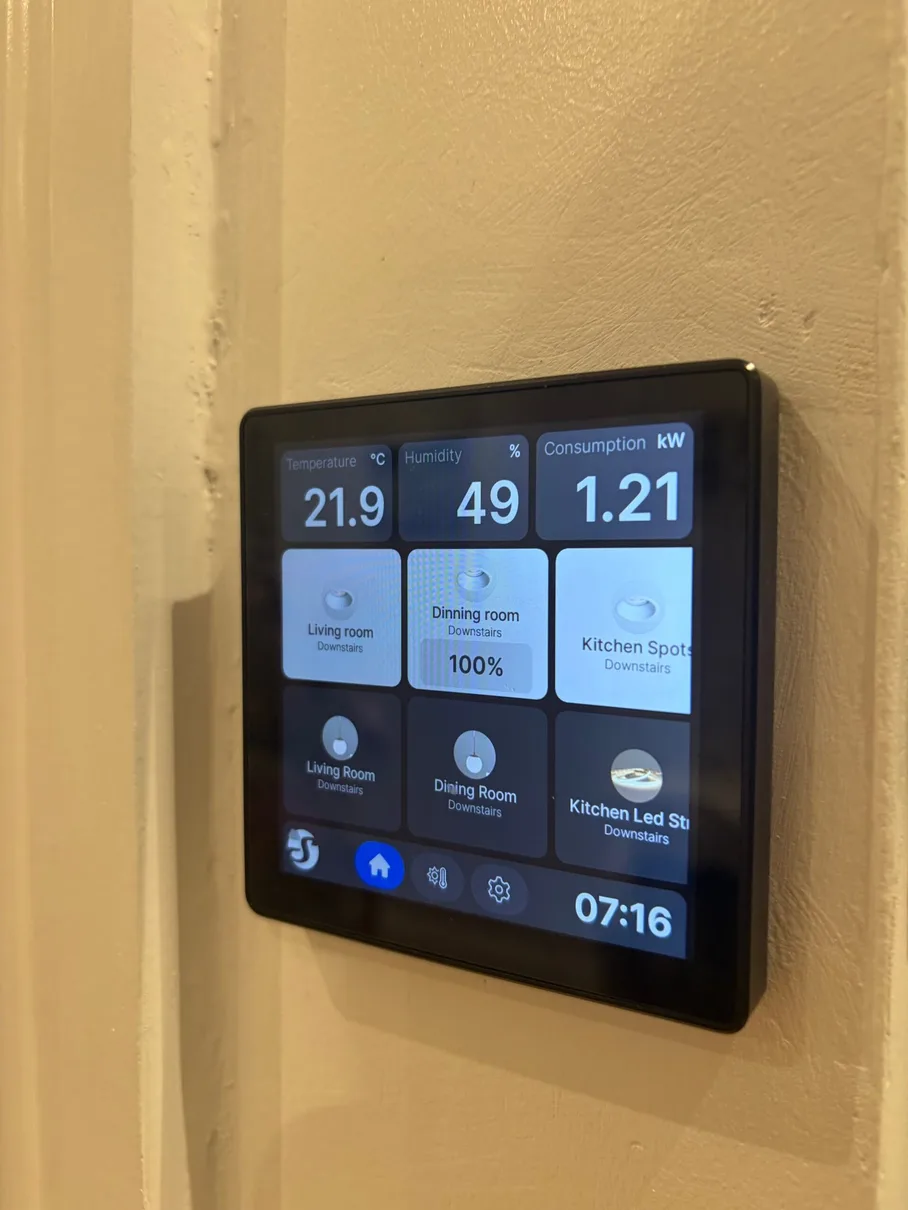 Shelly wall panel showing lighting scenes, temperature and energy consumption
