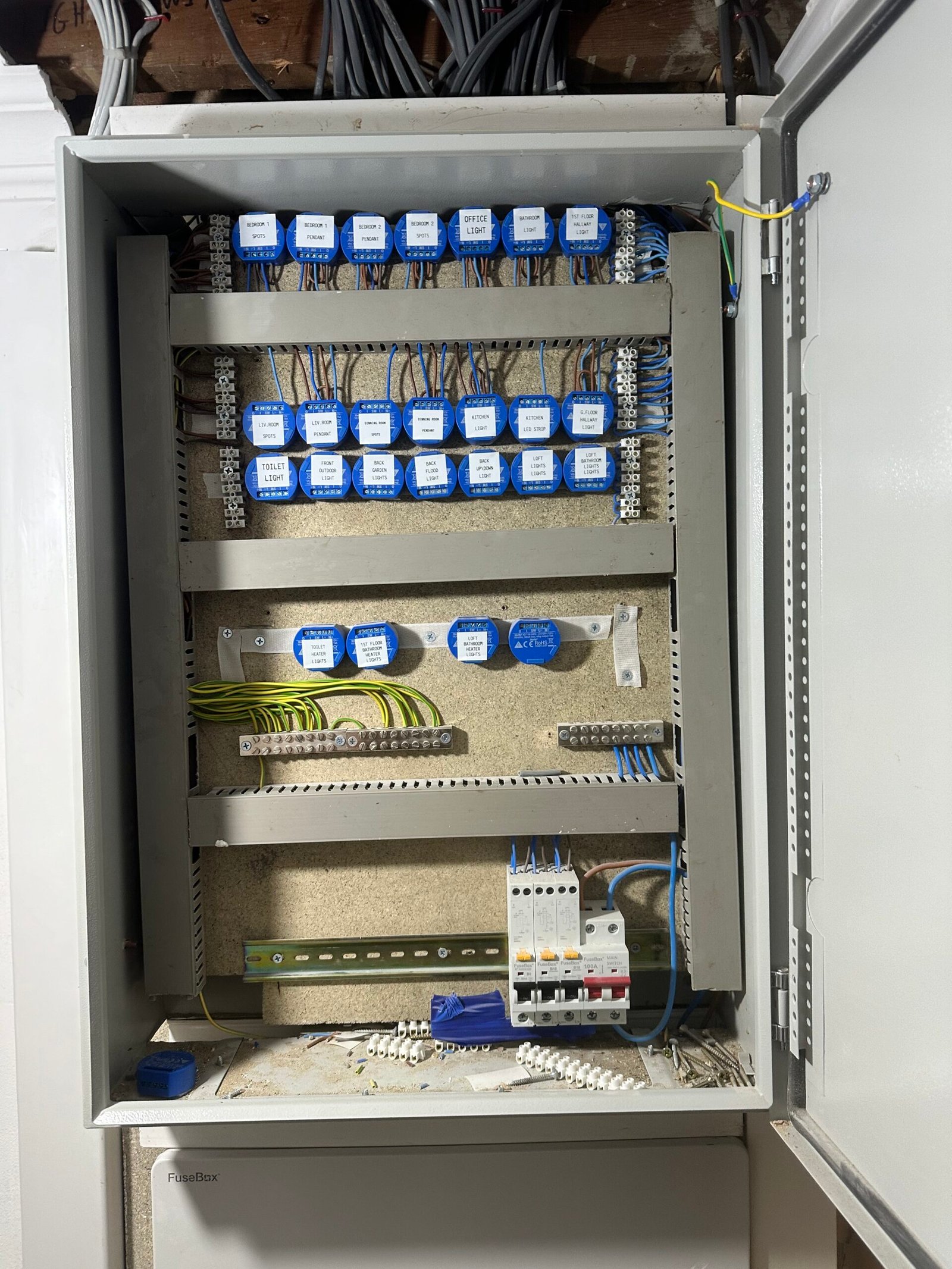Shelly Zigbee cabinet with labelled relay modules for whole-house automation
